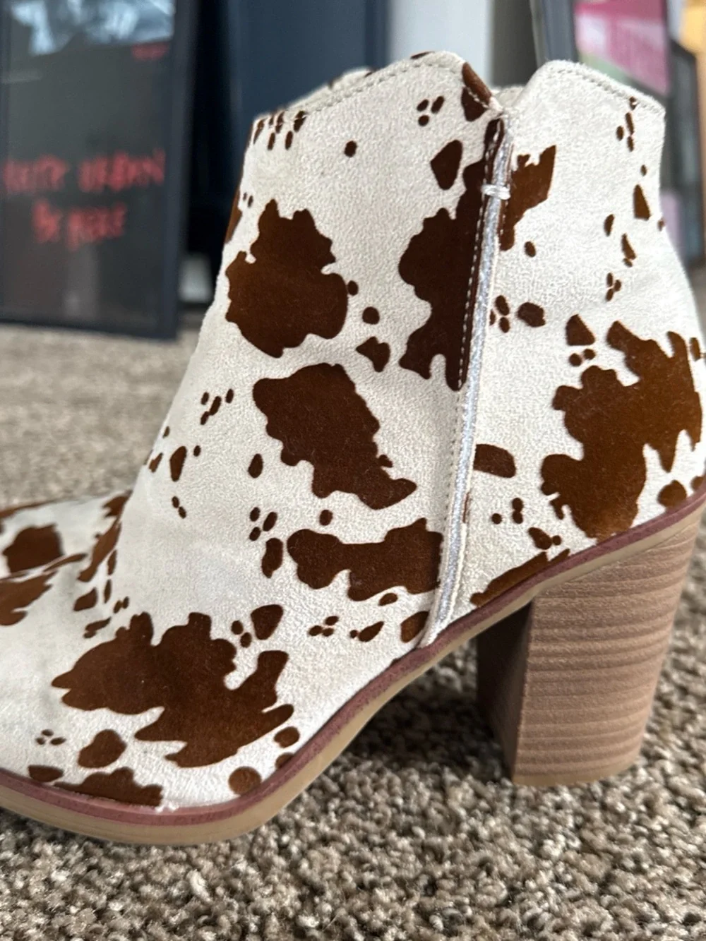 ARULA White and Brown Cowhide Pattern Ankle Boots